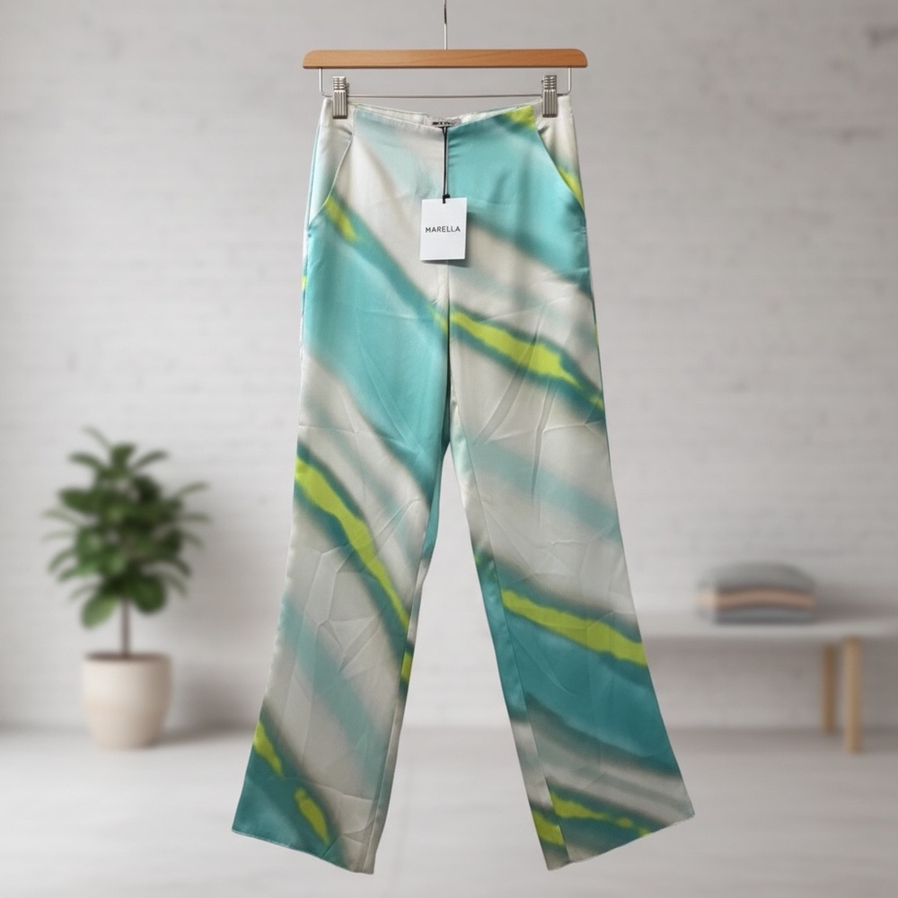 Marella Satin Print Pants Size 8 Blue‎ White Pleated Wide Leg